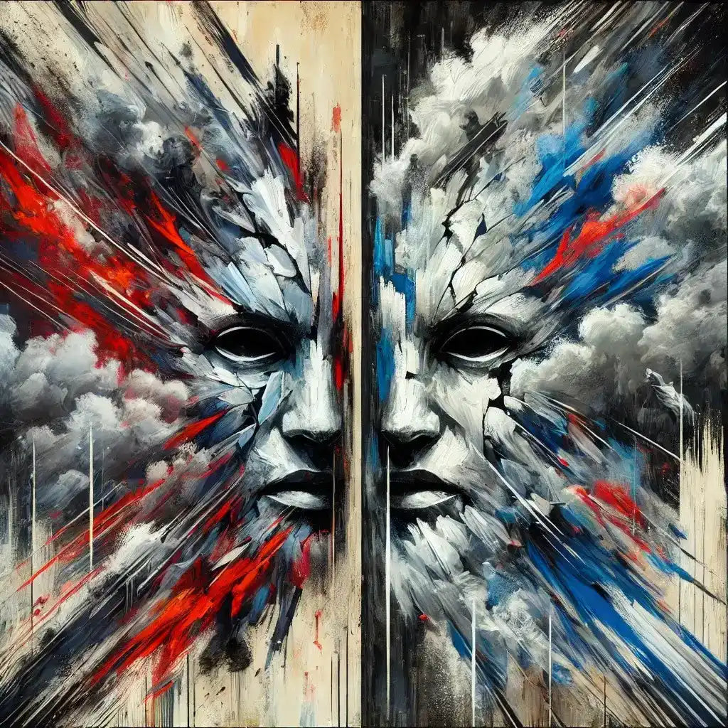 Abstract dual-faced artwork.
