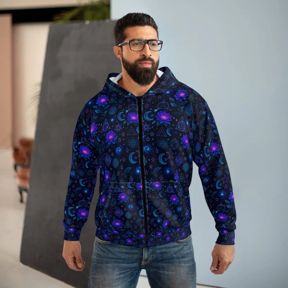 Cosmic Pattern Unisex Zip Hoodie Galaxy Print Sweatshirt Space-Themed Jacket Extra Warm Outerwear for Stargazers Unique