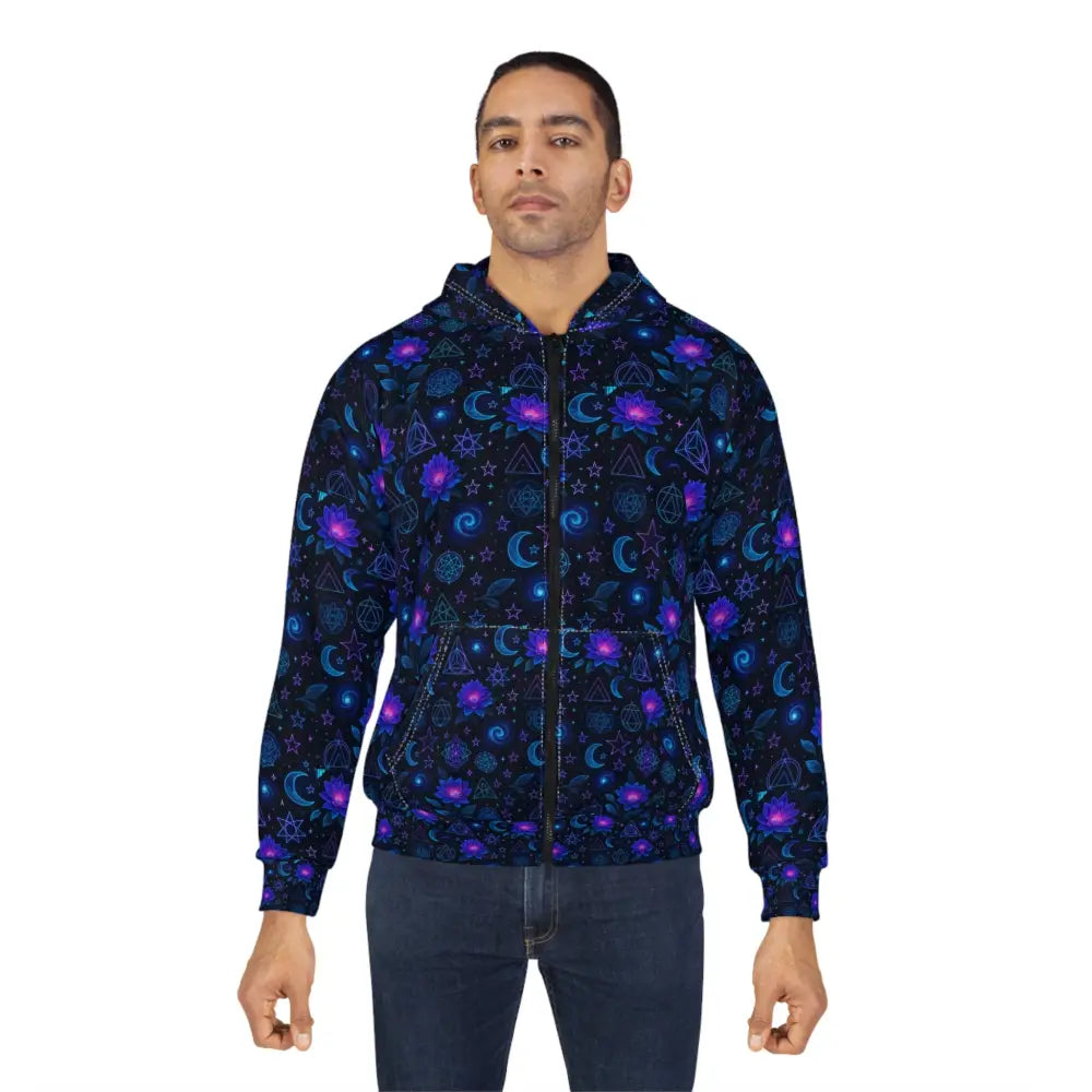 Cosmic Pattern Unisex Zip Hoodie Galaxy Print Sweatshirt Space-Themed Jacket Extra Warm Outerwear for Stargazers Unique